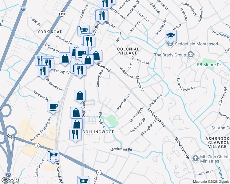 map of restaurants, bars, coffee shops, grocery stores, and more near 4000 Applegate Road in Charlotte