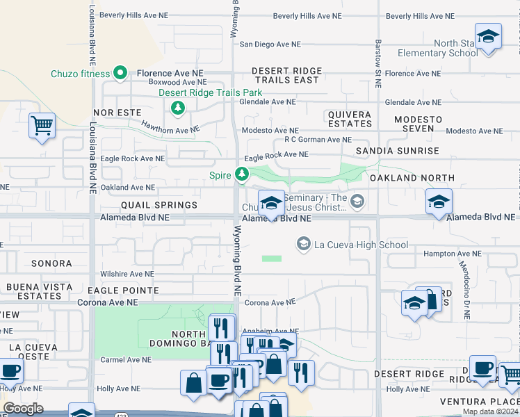 map of restaurants, bars, coffee shops, grocery stores, and more near 7624 William Moyers Avenue Northeast in Albuquerque