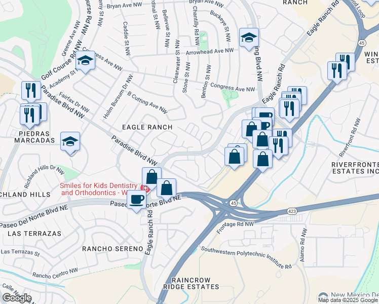 map of restaurants, bars, coffee shops, grocery stores, and more near 9270 Eagle Ranch Road Northwest in Albuquerque