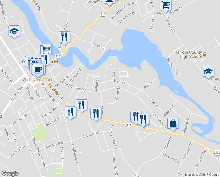 map of restaurants, bars, coffee shops, grocery stores, and more near 812 Old Cowan Road in Winchester