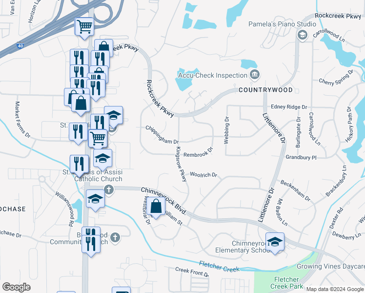 map of restaurants, bars, coffee shops, grocery stores, and more near 2182 Kingsrow Parkway in Memphis