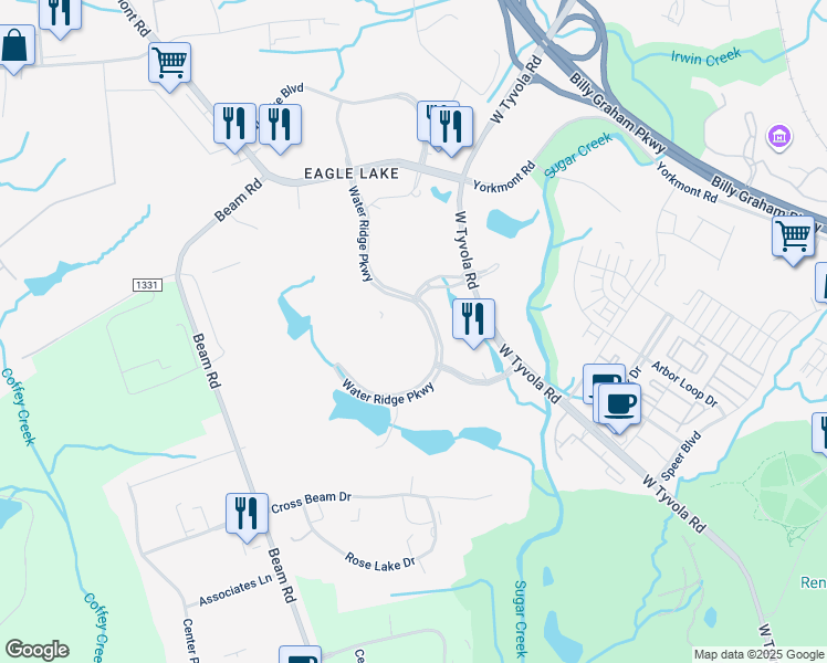 map of restaurants, bars, coffee shops, grocery stores, and more near 2525 Water Ridge Parkway in Charlotte
