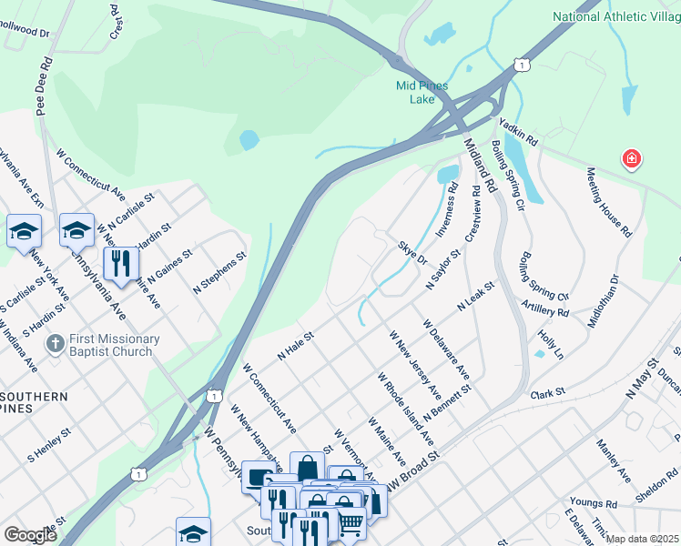 map of restaurants, bars, coffee shops, grocery stores, and more near 38 Village Green Circle in Southern Pines