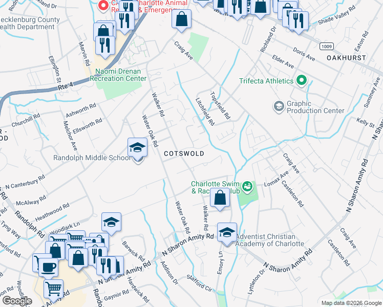 map of restaurants, bars, coffee shops, grocery stores, and more near in Charlotte