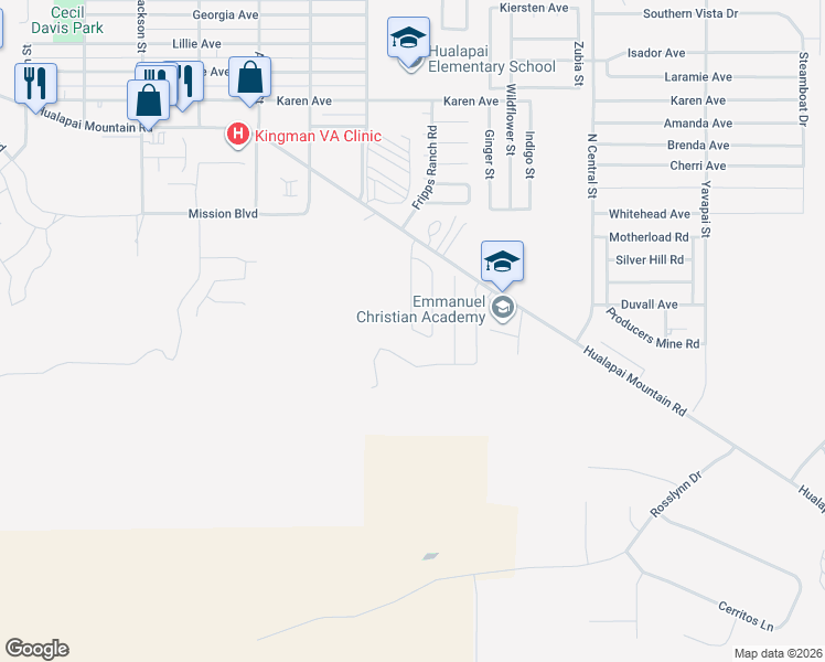map of restaurants, bars, coffee shops, grocery stores, and more near 2165 Ranch Road in Kingman