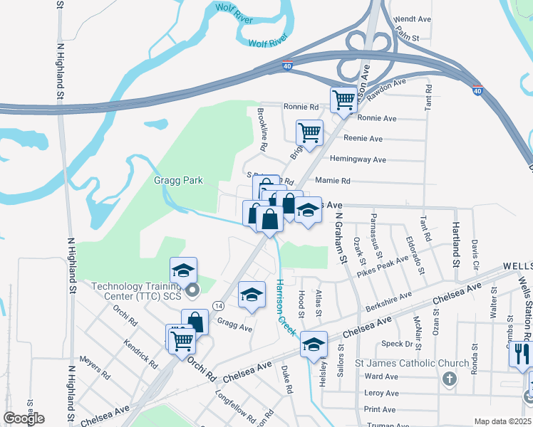 map of restaurants, bars, coffee shops, grocery stores, and more near 3970 Jackson Avenue in Memphis