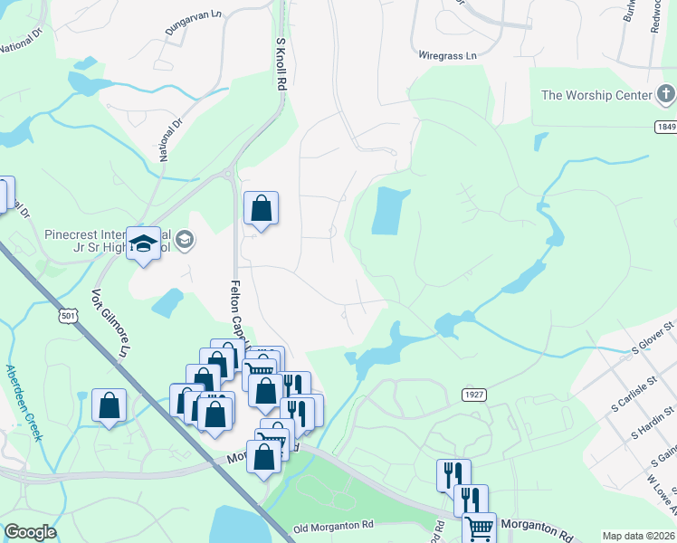 map of restaurants, bars, coffee shops, grocery stores, and more near 4 Masters Ridge Place in Southern Pines