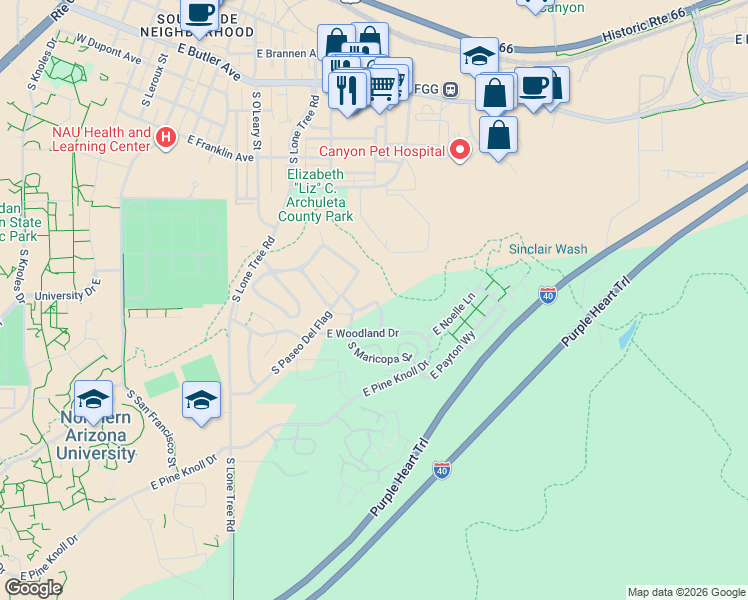 map of restaurants, bars, coffee shops, grocery stores, and more near 22 East Trail of the Woods Street in Flagstaff