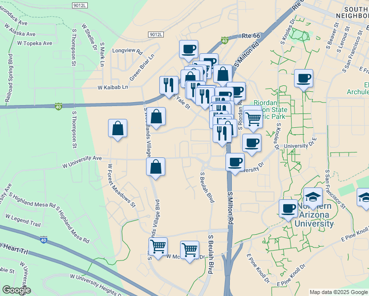map of restaurants, bars, coffee shops, grocery stores, and more near 908 West University Avenue in Flagstaff