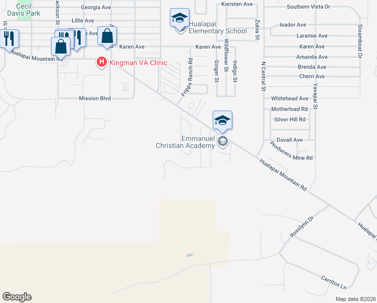 map of restaurants, bars, coffee shops, grocery stores, and more near 2164 Ranch Road in Kingman