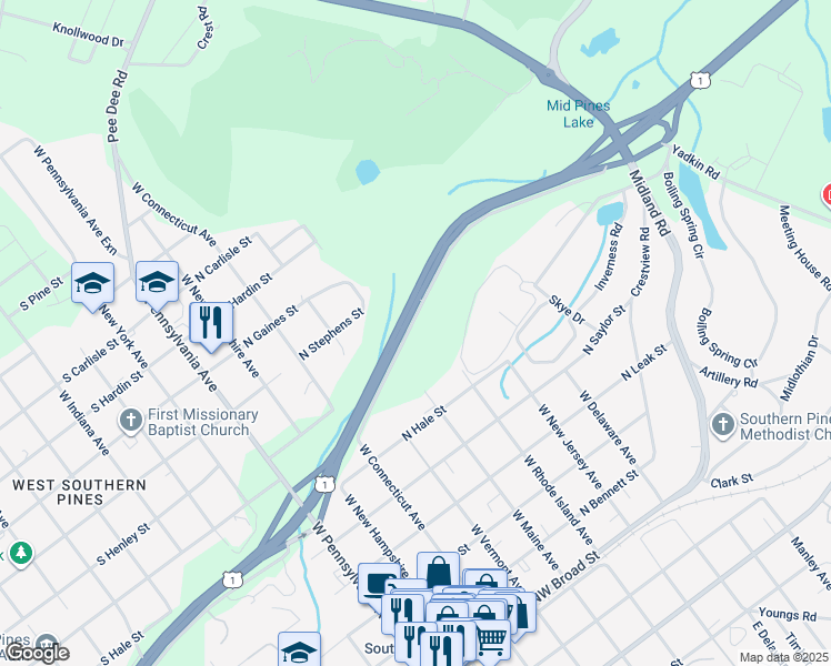 map of restaurants, bars, coffee shops, grocery stores, and more near 43 Village Green Circle in Southern Pines