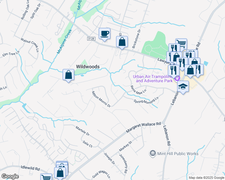 map of restaurants, bars, coffee shops, grocery stores, and more near 7415 Ginger Spice Lane in Charlotte