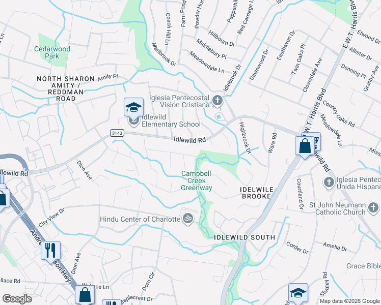 map of restaurants, bars, coffee shops, grocery stores, and more near 7408 Idlewild Road in Charlotte