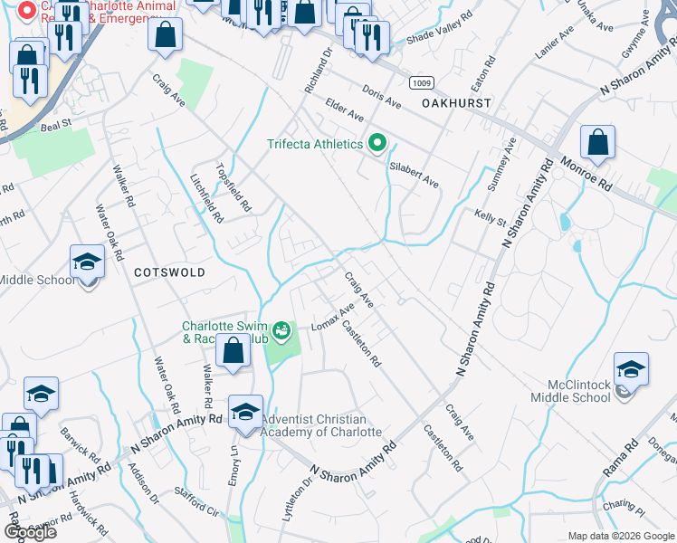 map of restaurants, bars, coffee shops, grocery stores, and more near in Charlotte