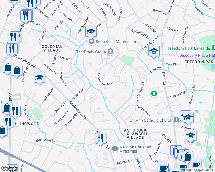 map of restaurants, bars, coffee shops, grocery stores, and more near 3513 Selwyn Farms Lane in Charlotte