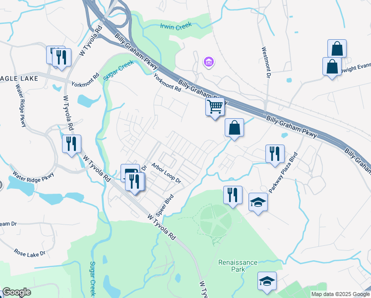 map of restaurants, bars, coffee shops, grocery stores, and more near 3011 Potomac River Parkway in Charlotte