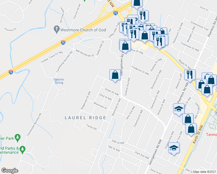 map of restaurants, bars, coffee shops, grocery stores, and more near 2505 Thompson Lane Northwest in Cleveland