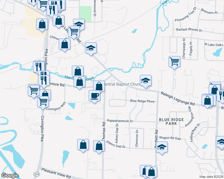 map of restaurants, bars, coffee shops, grocery stores, and more near 5317 Raleigh Lagrange Road in Memphis