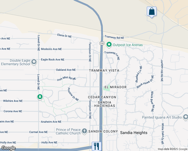 map of restaurants, bars, coffee shops, grocery stores, and more near 2870 Tramway Circle Northeast in Albuquerque