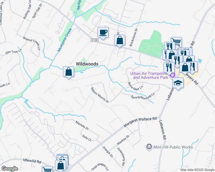 map of restaurants, bars, coffee shops, grocery stores, and more near 7401 Ginger Spice Lane in Charlotte