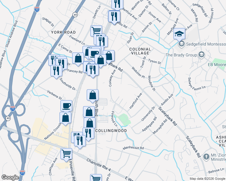 map of restaurants, bars, coffee shops, grocery stores, and more near 3924 Conway Avenue in Charlotte