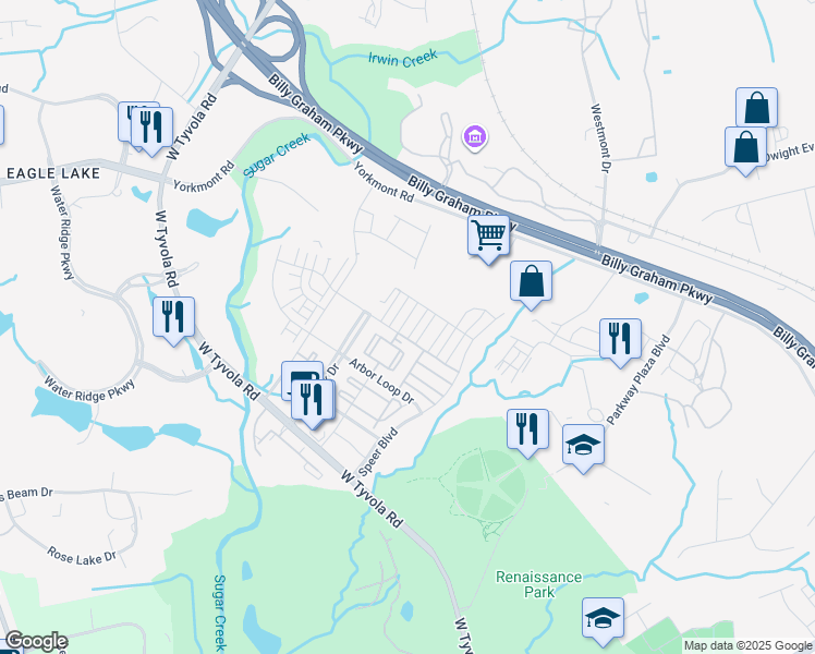 map of restaurants, bars, coffee shops, grocery stores, and more near 3011 Potomac River Parkway in Charlotte