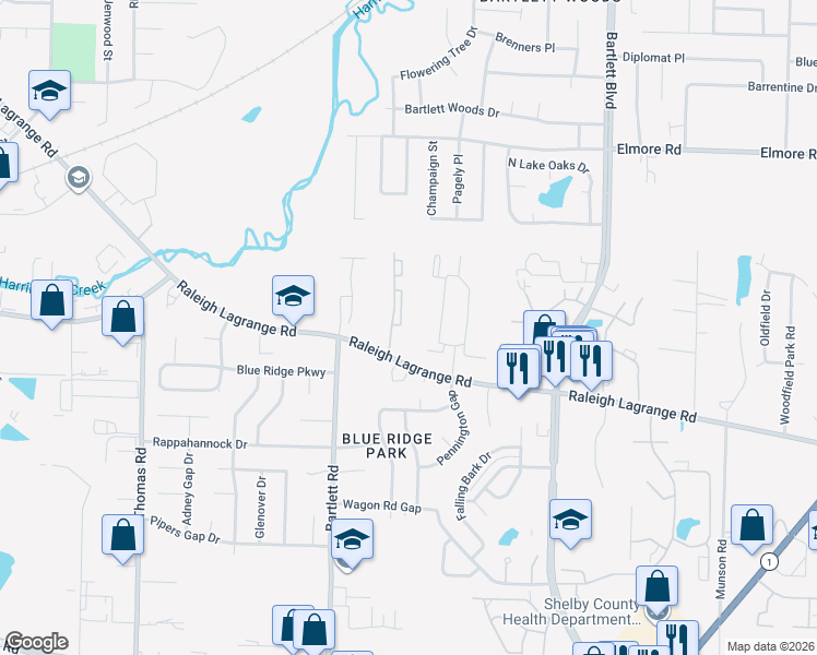map of restaurants, bars, coffee shops, grocery stores, and more near 2178 Meadow Glade Lane in Memphis
