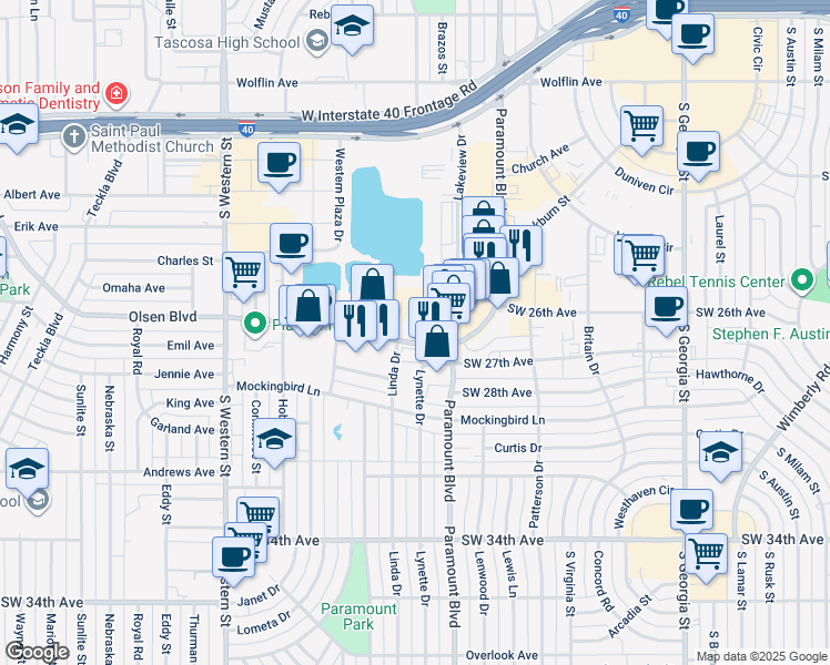 map of restaurants, bars, coffee shops, grocery stores, and more near 3350 Olsen Boulevard in Amarillo