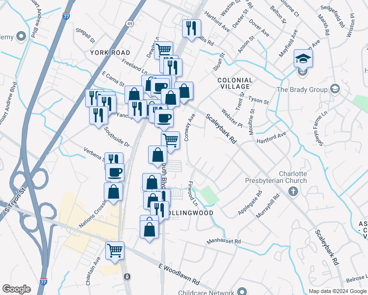 map of restaurants, bars, coffee shops, grocery stores, and more near 4006 Conway Avenue in Charlotte