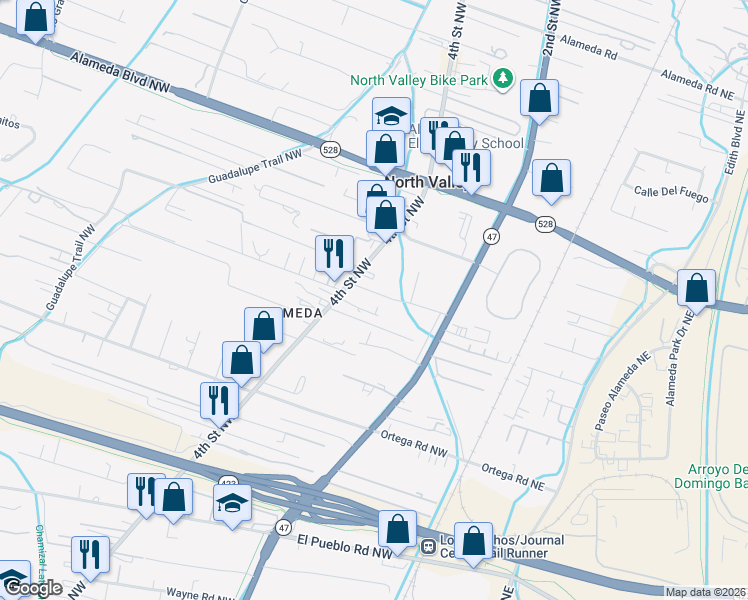 map of restaurants, bars, coffee shops, grocery stores, and more near 319 Homeland Road Northwest in Albuquerque