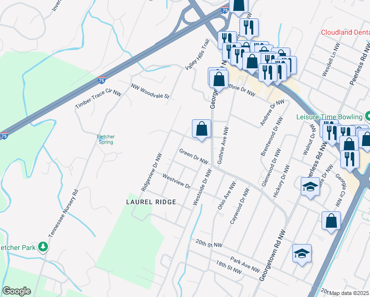 map of restaurants, bars, coffee shops, grocery stores, and more near 1886 Green Drive Northwest in Cleveland