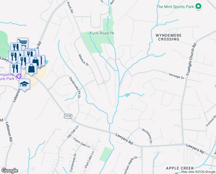 map of restaurants, bars, coffee shops, grocery stores, and more near 7637 Kuck Road in Mint Hill