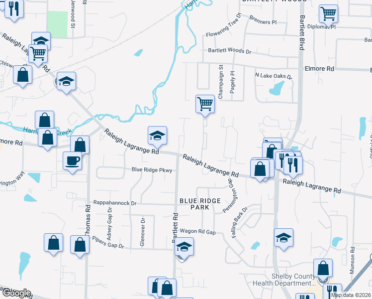 map of restaurants, bars, coffee shops, grocery stores, and more near 2178 Meadow Glade Lane in Memphis