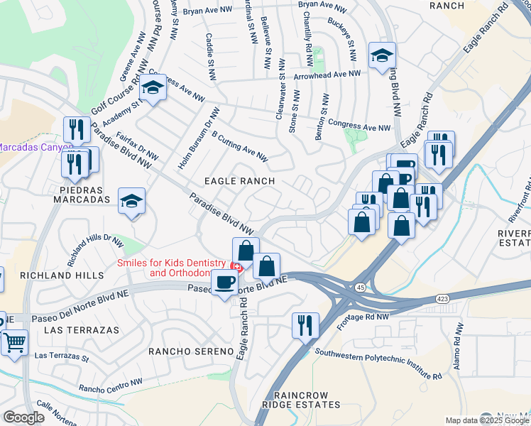 map of restaurants, bars, coffee shops, grocery stores, and more near 9300 Saguaro Street Northwest in Albuquerque