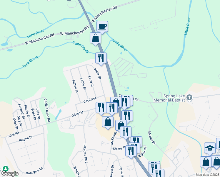 map of restaurants, bars, coffee shops, grocery stores, and more near 1321 North Bragg Boulevard in Spring Lake