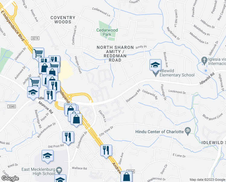 map of restaurants, bars, coffee shops, grocery stores, and more near 5817 Hunting Ridge Lane in Charlotte