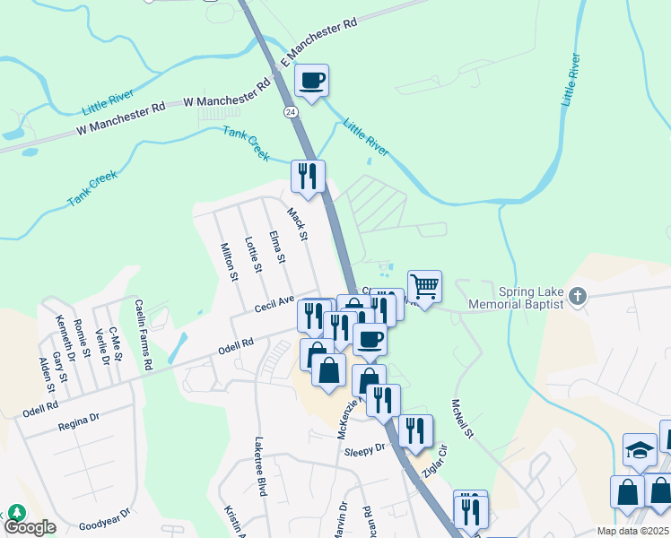 map of restaurants, bars, coffee shops, grocery stores, and more near 1321 North Bragg Boulevard in Spring Lake
