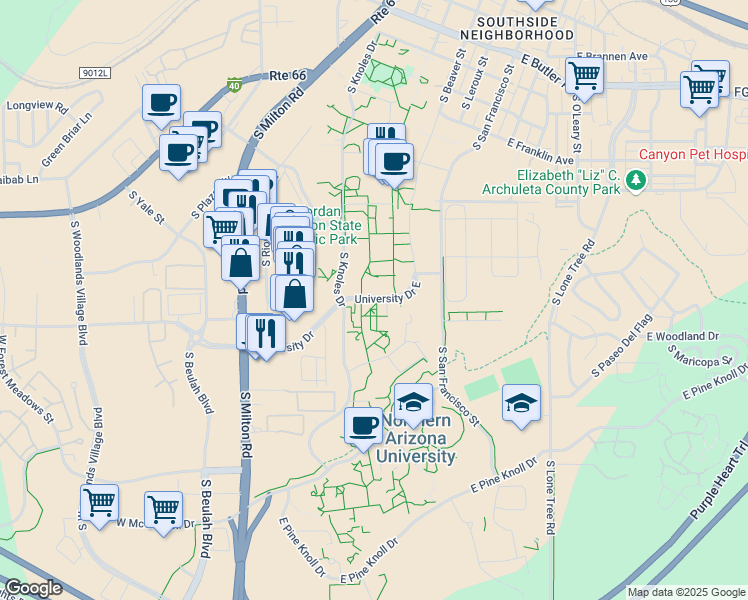 map of restaurants, bars, coffee shops, grocery stores, and more near 8 University Drive East in Flagstaff
