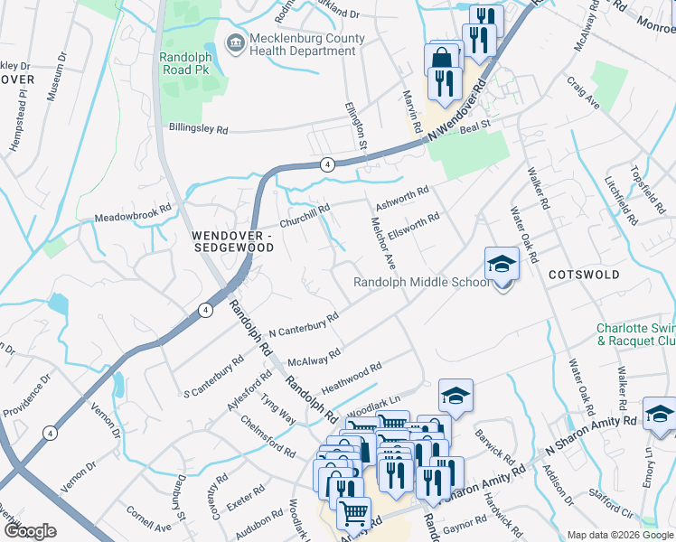 map of restaurants, bars, coffee shops, grocery stores, and more near 321 Anthony Circle in Charlotte