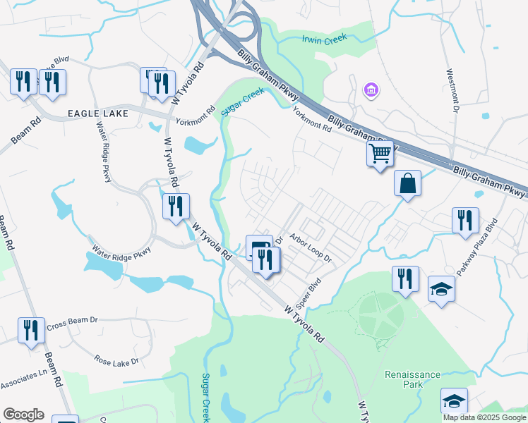 map of restaurants, bars, coffee shops, grocery stores, and more near 2539 Arbor Loop Drive in Charlotte