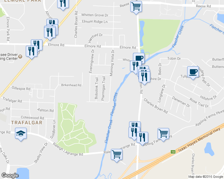 map of restaurants, bars, coffee shops, grocery stores, and more near 2182 Morning Vista Drive in Memphis