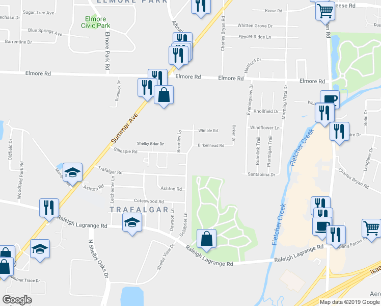 map of restaurants, bars, coffee shops, grocery stores, and more near 2208 Bromley Lane in Memphis