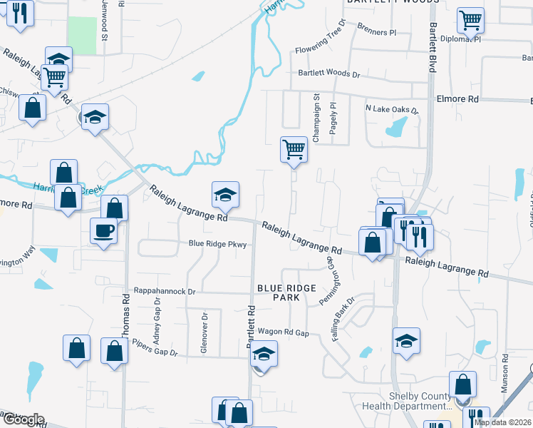 map of restaurants, bars, coffee shops, grocery stores, and more near 2178 Meadow Glade Lane in Memphis