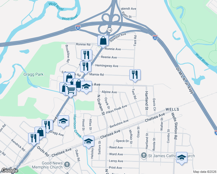 map of restaurants, bars, coffee shops, grocery stores, and more near 4020 Wales Avenue in Memphis