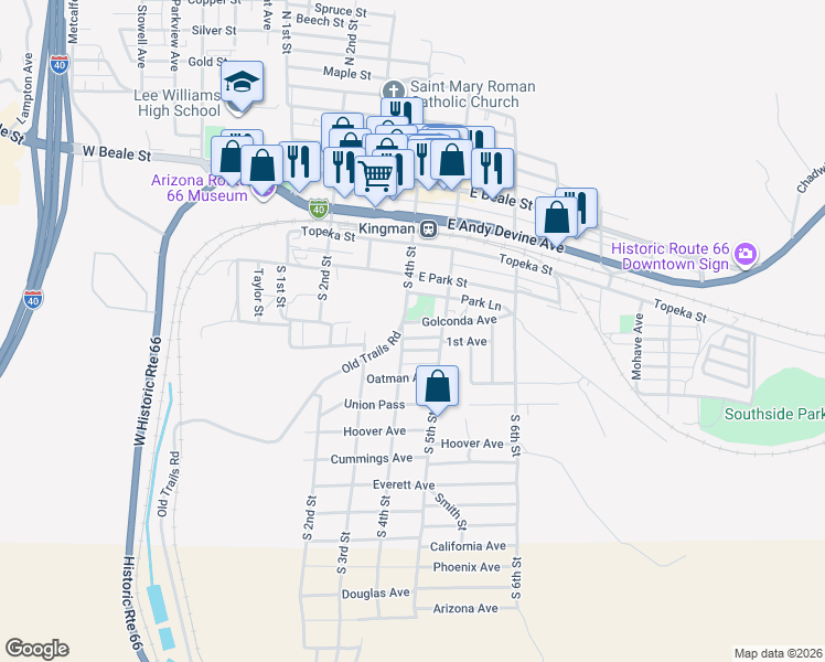 map of restaurants, bars, coffee shops, grocery stores, and more near 421 Golconda Avenue in Kingman
