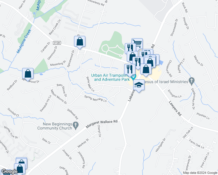 map of restaurants, bars, coffee shops, grocery stores, and more near 9026 Milton Morris Drive in Charlotte