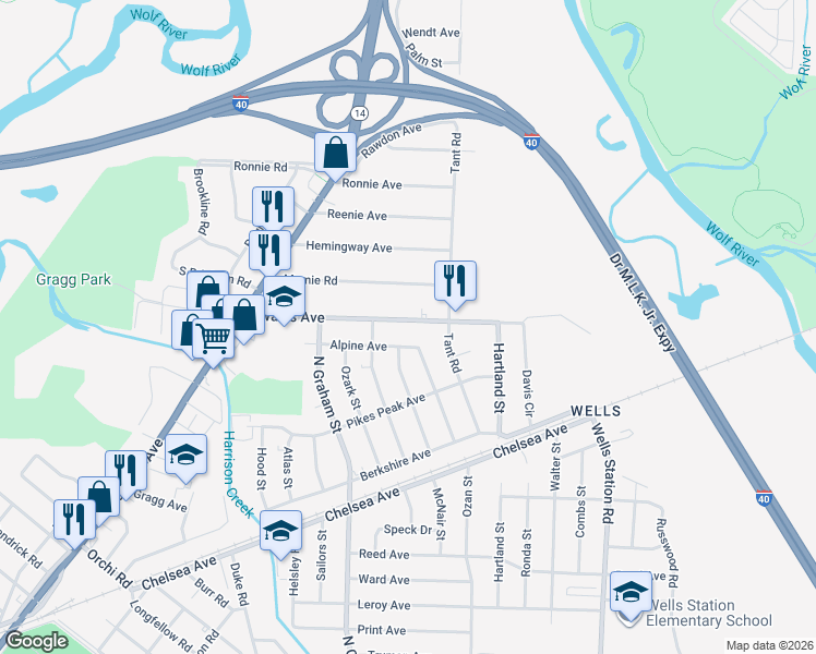 map of restaurants, bars, coffee shops, grocery stores, and more near 4072 Wales Avenue in Memphis