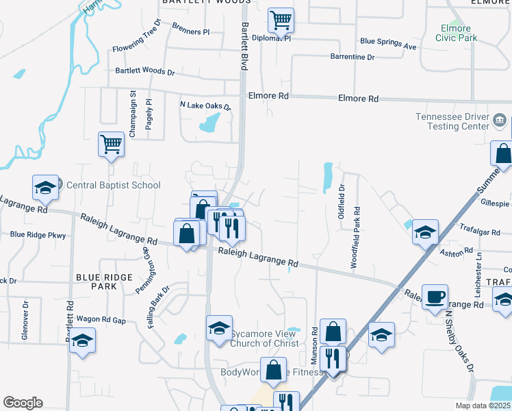 map of restaurants, bars, coffee shops, grocery stores, and more near 2176 Forest Hill Court in Memphis
