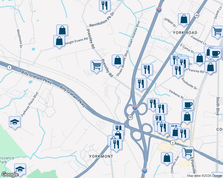 map of restaurants, bars, coffee shops, grocery stores, and more near in Charlotte