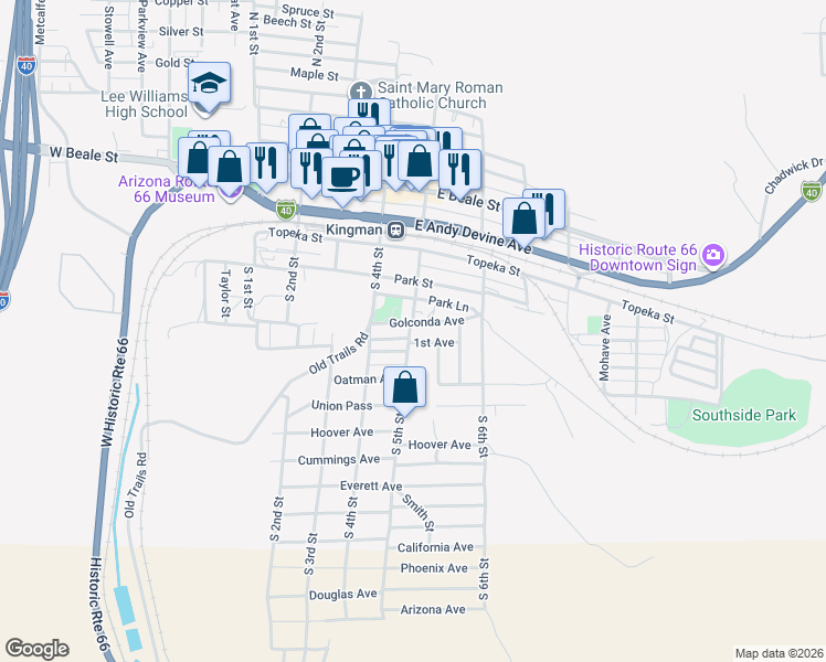 map of restaurants, bars, coffee shops, grocery stores, and more near 406 South 5th Street in Kingman